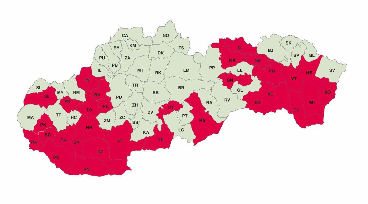 Zora - mapa zapojenych okresov do zberu